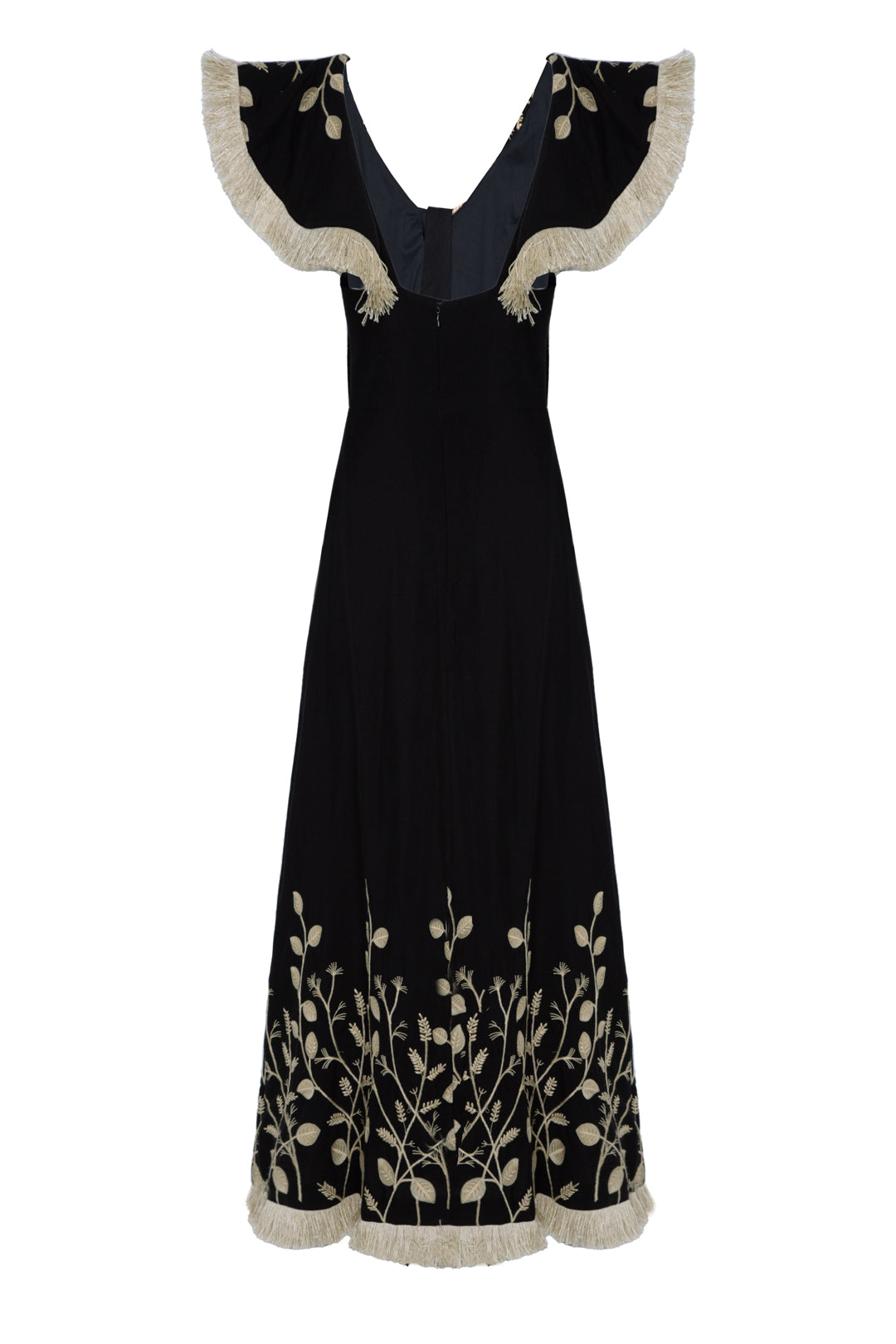 NALA BLACK DRESS WITH EMBROIDERED FLOWERS.